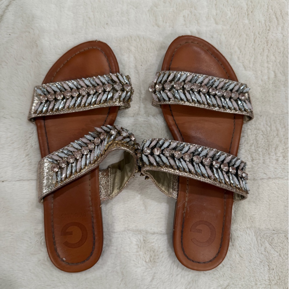 G by Guess Metallic Beaded Slide Sandals - Silver & Brown